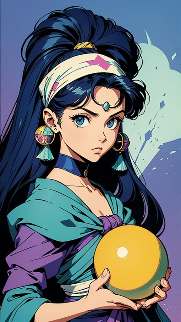 A Cihana woman, long hair, with a bandana on her head, serious and fixed gaze at the camera, with her hands around a crystal ball, inside this crystal ball there is a hairboard,  well-marked lines, very evident outline in the drawing, 90's cartoon style, Vintage cartoon style, Jae Lee style, J.H. Williams III style, Sean Murphy style