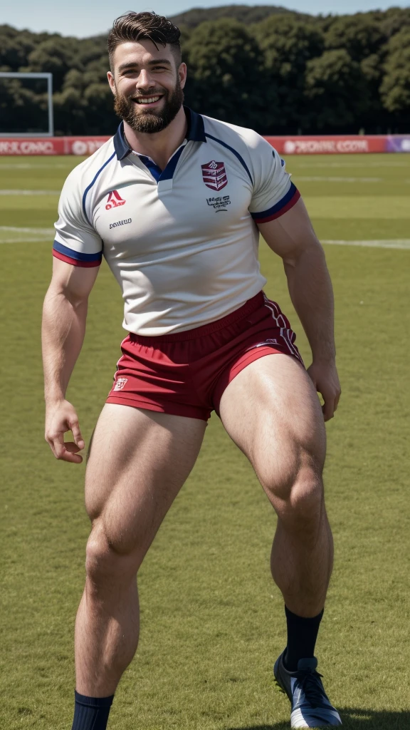 ((highest quality)), ((masterpiece)), (detailed), ((Perfect Face)), 4k, Shaved head, Young Japanese, Muscular, Fat body, Very big man, smile, ((showing off crotch)) A large Japanese man shirtless、whole body、Rugby player、Thick legs、Thick arm muscles、Intimidating、whole body、wearing a very tight and very short black-shorts,  (shirtless)、((At the rugby field)), haka dance
