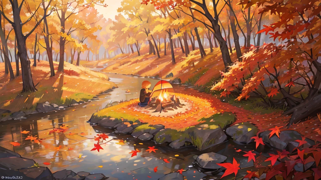 (masterpiece:1.2), Best Quality,Pixiv,  High Resolution , Super detailed, The careful depiction of only landscapes that do not include people （1.7）No humans appear,Humans not included,
Fall campground、There are tents set up right in front of you, and there is a bonfire made of stone、Fallen leaves and autumn leaves that block the view fly through the air
Mori Sora、The beautiful light of the Spirit Sunset shines in 、 leaves, natural beauty, surprise, magic, red leaves, yellow leaves, autumn leaves, forest light effects, mysterious atmosphere, shadow composition, otherworldly experience