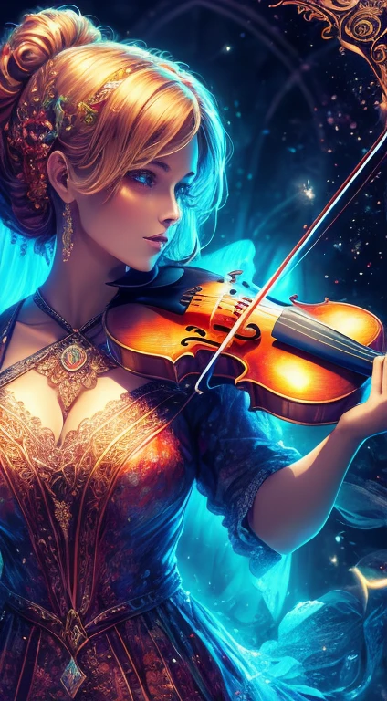 HDR ultra resolution 4k, 8k, 32k, 120k, beautiful fantasy art, with beautiful details, intricate, beautiful woman the most beautiful, playing violin, colorful musical notes around, musical notes in the air, colored sounds in the Air, Very colorful ultra detailed masterpiece, fantastic color palette,

 ￼