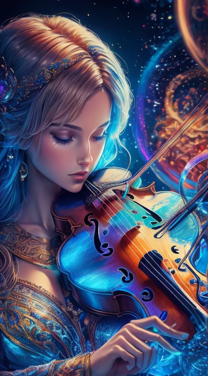 HDR ultra resolution 4k, 8k, 32k, 120k, beautiful fantasy art, with beautiful details, intricate, beautiful woman the most beautiful, playing violin, colorful musical notes around, musical notes in the air, colored sounds in the Air, Very colorful ultra detailed masterpiece, fantastic color palette,

 ￼