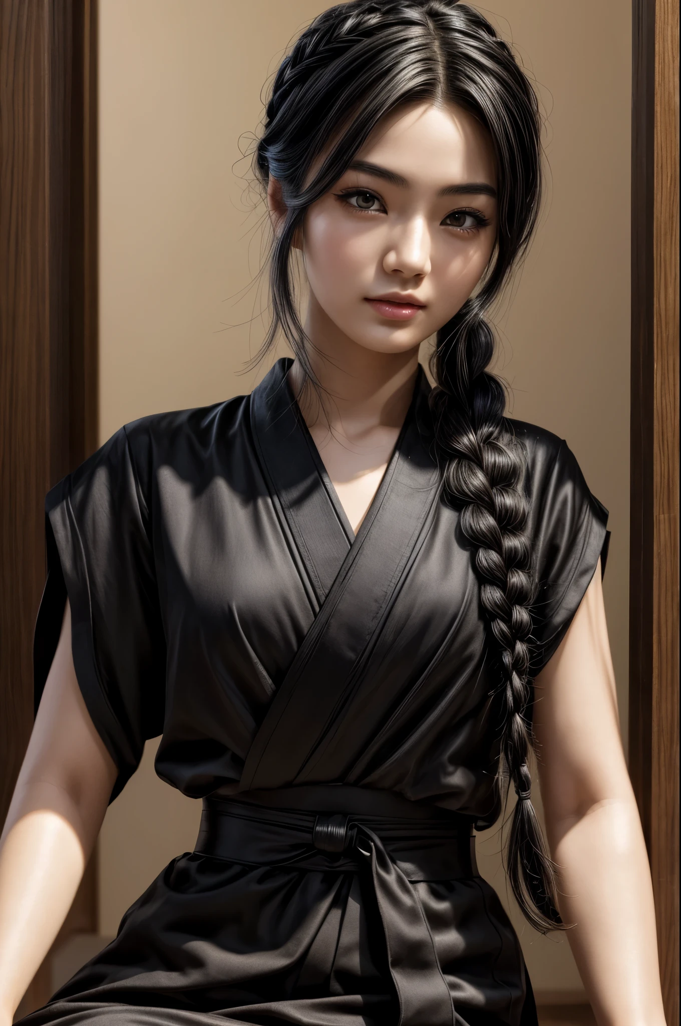 masterpiece, best quality, extremely detailed, hyperrealistic, photorealistic, a beautiful japanese 20s model, ultra detailed face:1.2, mideum hair, braid, black hair, black ninja uniform:1.1, serene, room
