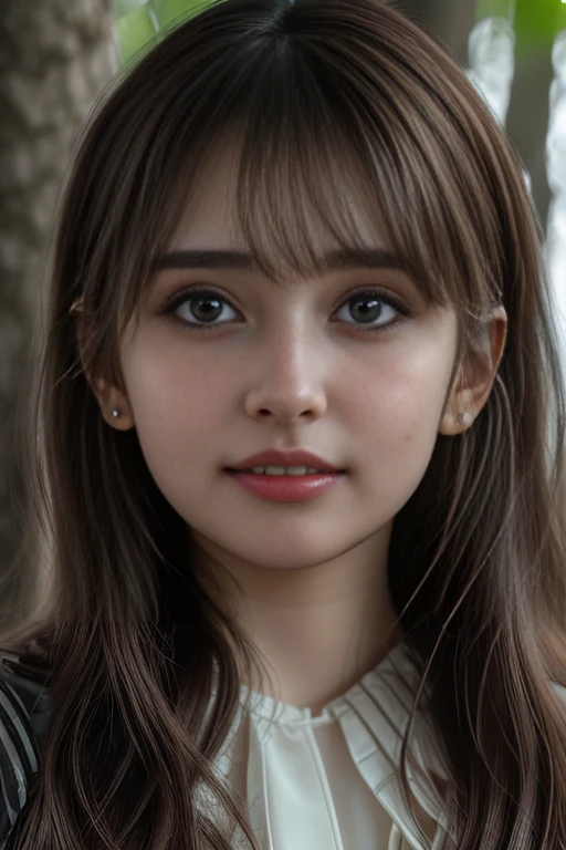 high resolution, best quality, extremely detailed CG, perfect anatomy, perfect hands, high resolution, best quality, extremely detailed CG, perfect anatomy, perfect hands, 1girl, solo, long hair, brown hair, looking at viewer, nose, brown eyes, smile, blush, bangs, closed mouth, face, 20 years old, Japanese, dress, forest, 3d, photorealistic, realistic, portrait, photo \(medium\), ((detailed shapely nose, detailed big eyes, detailed brown hair)), lips, headband, earrings, ((drooping eyes)),