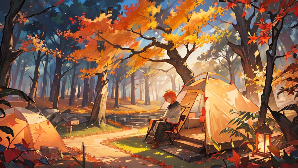 (masterpiece:1.2), Best Quality,Pixiv,  High Resolution , Super detailed, The careful depiction of only landscapes that do not include people （1.7）No humans appear,Humans not included,
Fall campground、There are tents set up right in front of you, and there is a bonfire made of stone、Fallen leaves and autumn leaves that block the view fly through the air
Mori Sora、The beautiful light of the Spirit Sunset shines in 、 leaves, natural beauty, surprise, magic, red leaves, yellow leaves, autumn leaves, forest light effects, mysterious atmosphere, shadow composition, otherworldly experience