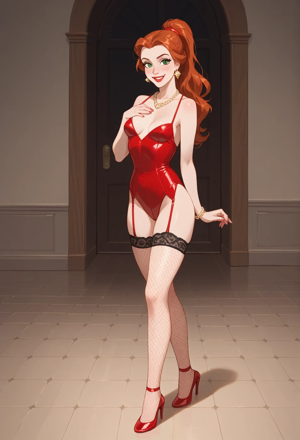 ((Full body photo, standing, feet on the floor)) Belle-beauty, 1girl, woman, redhead with long hair, small breasts, voluminous hair, red lips, green eyes, ponytail hair, silver earrings, necklace gold, smiling, showing nipple, no clothes, grabbing breasts, happy face, excited, looking at viewer, score_9, score_8_up, score_7_up, fishnet stockings, smiling, leather ballet slipper 1.6, corsets, fishnet stockings, garter sensation


