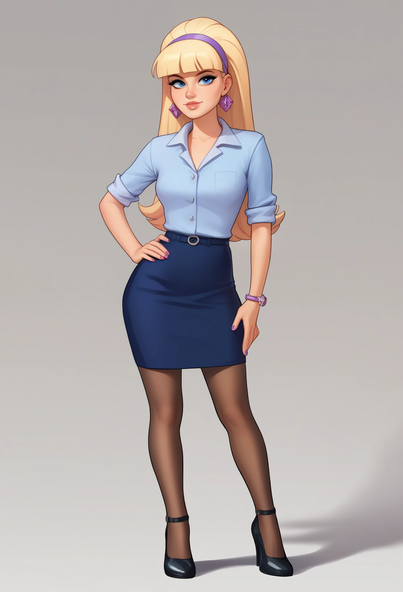 account_9, account_8_ex, account_7_ex, account_6_ex, account_5_ex, account_4_ex, pacifica, 1 girl, solo, long blonde hair with bangs, hand on hip, dark blue eyes, purple shadows, round lavender earrings, looks at the viewer, pencil skirt, shirt, stockings, heels I'm finishing my school class.