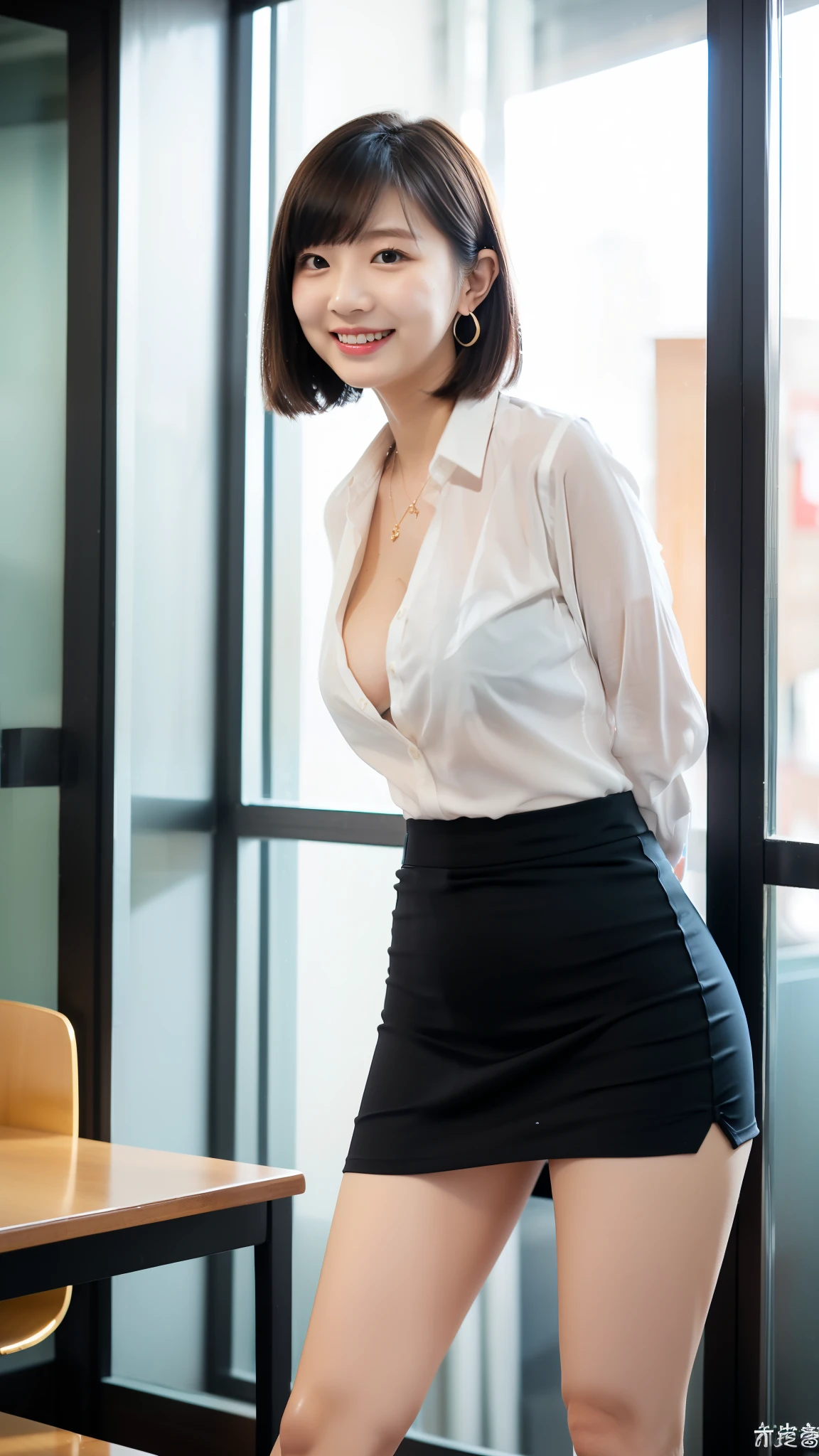 (((Open legs:1.5))),((up skirt:1.3,Panty shot)),The skin is wet with sweat,indoor,company,Inside the office,Wearing a shirt,Cleavage,Female college student,Looking at the camera,smile, 28 years old, Short Hair、bangs、Solid Mini Skirt、Cute earrings,Bright sunlight