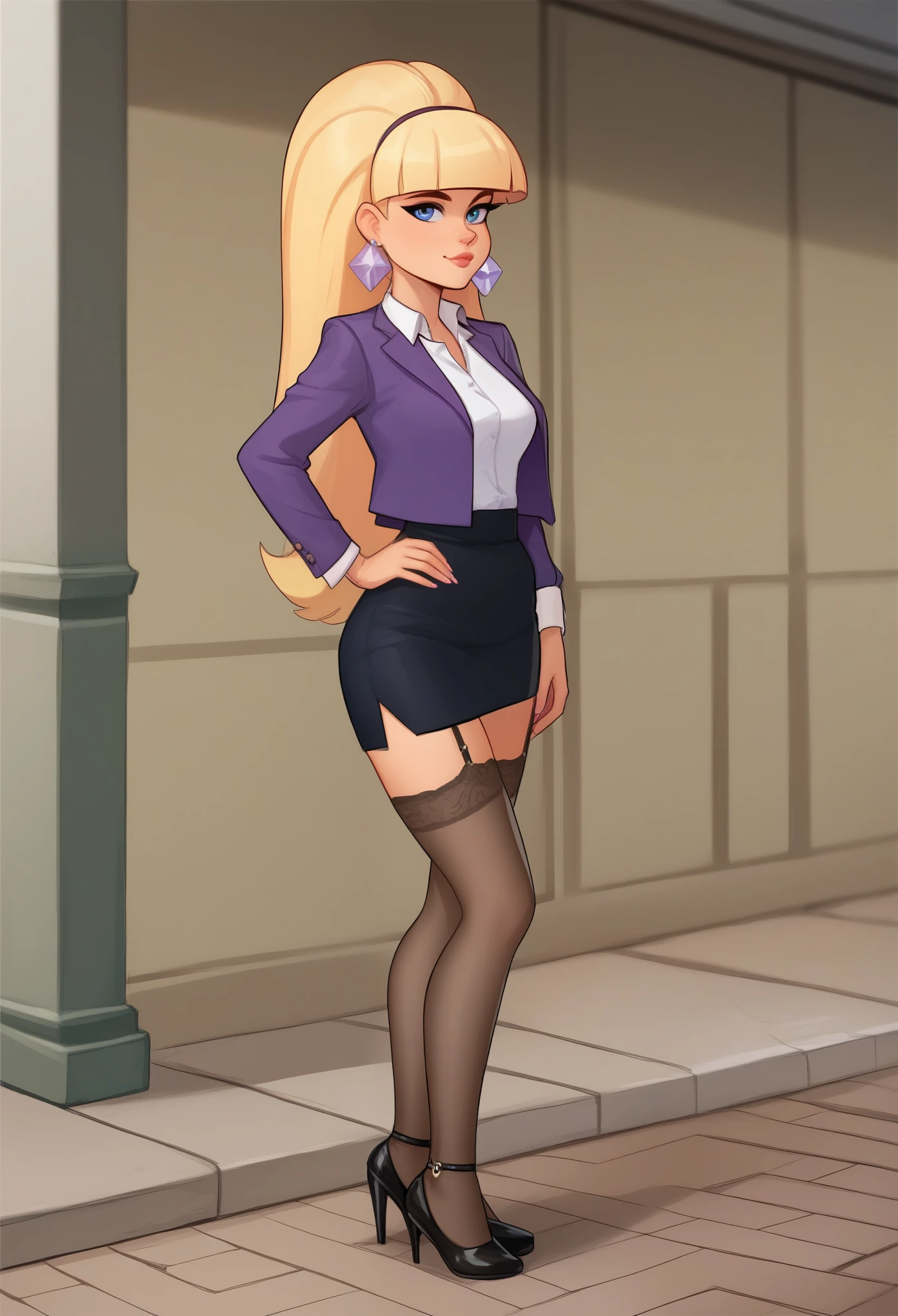 account_9, account_8_ex, account_7_ex, account_6_ex, account_5_ex, account_4_ex, pacifica, 1 girl, solo, long blonde hair with bangs, hand on hip, dark blue eyes, purple shadows, round lavender earrings, looks at the viewer, pencil skirt, shirt, stockings, heels I'm finishing my school class.