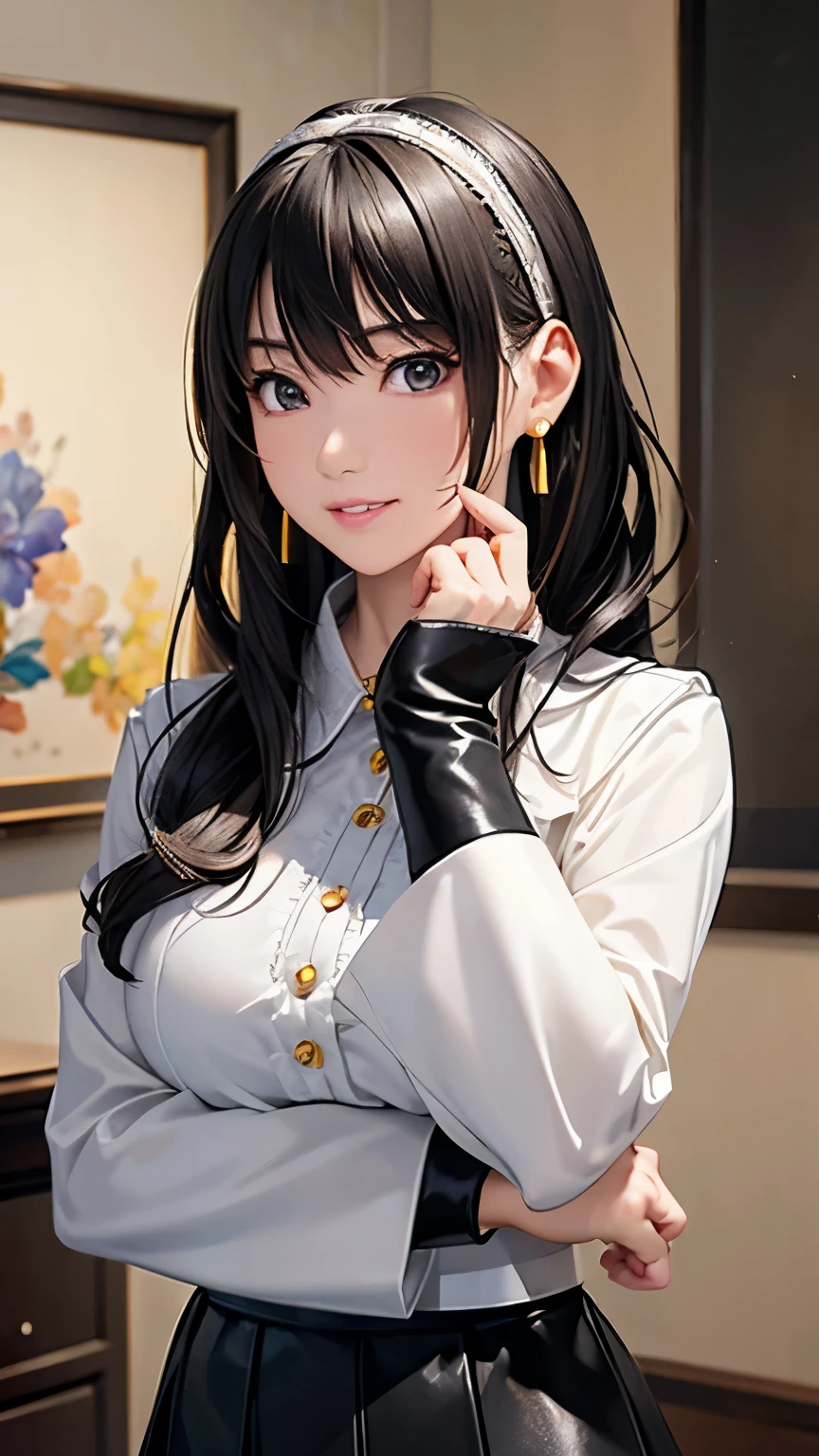  (highest quality, masterpiece painting:1.3), immature woman, , (half body shot), masterpiece, ultra high resolution, (Photoreal:1.0), ((light Black hair)),straight hair, beautiful shining hair, white and shining skin, ((Ultra realistic details)), octane rendering, highly detailed face, pump, Single strap shirt, black leather jacket, black leather skirt, open neckline, perfect body, soft skin, silver earrings, sharp focus, intricate details, professional artwork, (bright colors:1.1), bright colors, diffused lighting, digital blending, ultra-definition body, ultra detail hair, super detailed face, trending on pixiv, top button open, Cute gaze, compensate, perfect lips, perfect compensate, Ultra-precision coating, (light_smile:0.8), (smugness:1.2),blush your nose,