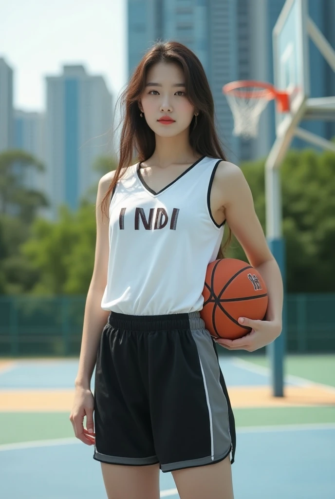 Tabletop, Highest quality, figure, Super detailed, In detail, High resolution, 8k wallpaper, Perfect dynamic composition, Beautiful attention to detail, Medium Hair, Center of chest, Natural color lip, Random sexy poses,smile,basketball、uniform、Gym、Inside the room、Expose