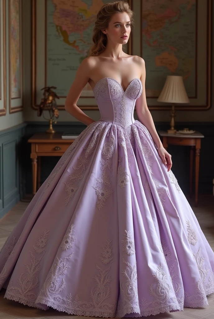 Zoom in for a captivating close-up in a cinematic, 4K, realistic, and detailed style. Showcase the intricate beauty of the woman's bodice in the soft lavender chiffon dress. Capture the delicate lacework with its intricate details and shimmering embellishments contrasting beautifully against the fabric. Utilize a shallow depth of field to blur the background, keeping the focus solely on the exquisite craftsmanship and timeless elegance of the bodice design.