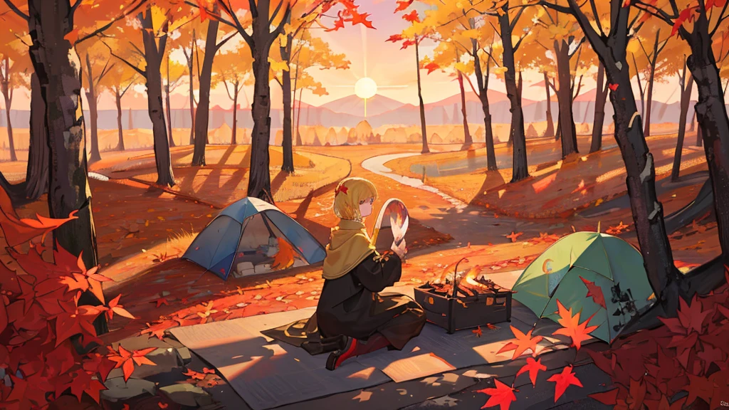 (masterpiece:1.2), Best Quality,Pixiv,  High Resolution , Super detailed, The careful depiction of only landscapes that do not include people （1.7）No humans appear,Humans not included,
Fall campground、There are tents set up in front of me and there is after the bonfire、Fallen leaves and autumn leaves that block the view fly through the air
Mori Sora、The beautiful light of the Spirit Sunset shines in 、 leaves, natural beauty, surprise, magic, red leaves, yellow leaves, autumn leaves, forest light effects, mysterious atmosphere, shadow composition, otherworldly experience