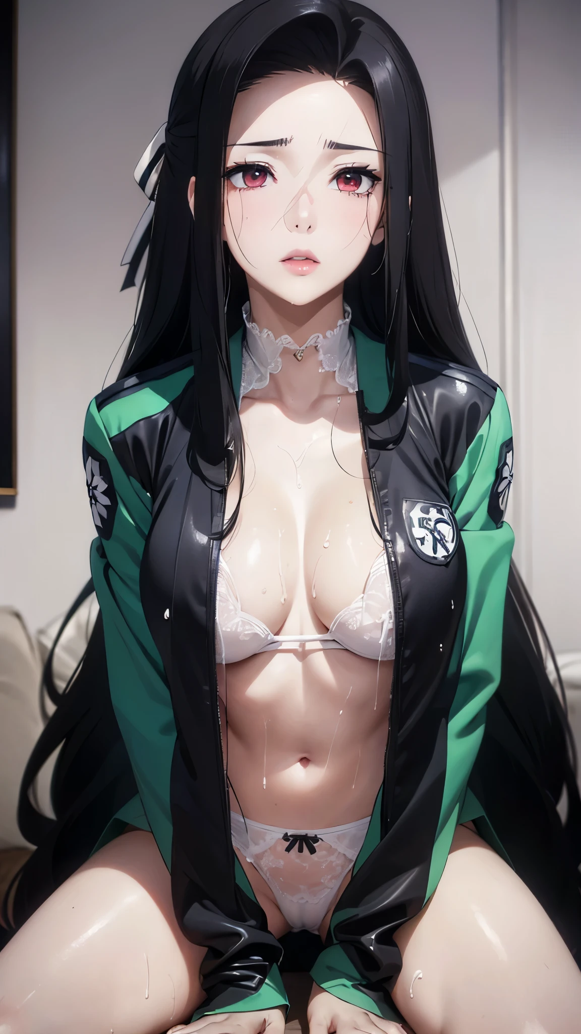  masterpiece, Best Quality, , Mayumi Saegusa,Mayumi Saegusa, iris, Red eyes, eyelash, Black Hair, Long Hair, back ribbon,  high school uniform  , Green jacket,  cropped jacket, open jacket, Long sleeve, (masterpiece: 1.3), (Maximum resolution: 1.2), (Ultra HD TV: 1.2), Cinematic Light, 8k resolution,  detailed facial features , (Sharp focus: 1.2）, ( focus on the face:1.2),  perfect style , Beautiful Face, Acura,  anatomically correct ,  Highly Detailed Face and Skin Textures ,  beautiful eyes,  beautiful eyes, Thin eyebrows, Natural Cheek, Glowing Skin, White skin: 1.2, (Glossy lips: 1.4),、 (  look embarrassed: 1.2),  Highly Detailed Face and Skin Textures , Natural Cheek, , Glossy lips: 1.4,  perfect style 、、Soft Breasts、（Semen on chest:1.6）（Cum on thighs 1.5）、 Semen overflows、Drenched in sweat、Wet clothes、、A humiliating look、 uneasy expression、Frightened expression、  look embarrassed、Glare、anger、sorrow、tears、（Open your knees:1.5）、（Spread your legs:1.5）、 White underwear、Wrinkled clothes、 Sweaty 、Thin underwear、18 years old, A clean-cut woman,1 person、 Full Body Portrait 、 Chest up, Black Hair、blue eyes、  beautiful eyes、Torn clothing、Dimly lit room、Look away、She is surrounded by completely naked men and has an erect penis、