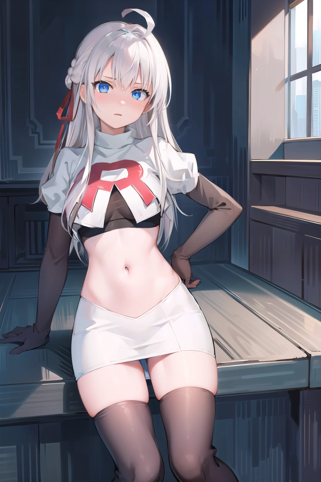 masterpiece, highres, highest quallity, illustration, cinematic light, ultra detailed, detailed face, (((detailed eyes))), best quality, masterpiece, (detailed face), Alisa Kujou, 1girl, long hair, blue eyes, hair ribbon, (white hair), ahoge, solo, look at viewer, red ribbon, team rocket,team rocket uniform,white skirt,red letter R,crop top,black thigh-highs,black elbow gloves,