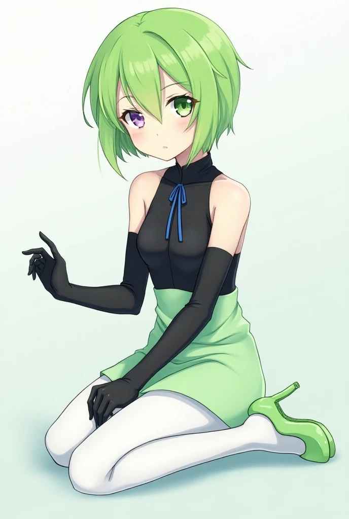 1 girl, cute, young, green hair, bob haircut, green eyes, playboy bunny, thigh high,