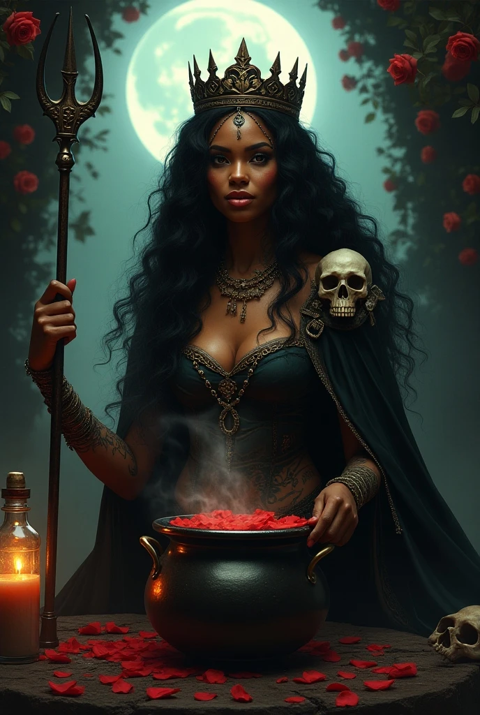 (photorealism:1.2) 2african woman, black tulle, calaveras, souls,  jovial laughter, comb, red and black hat, Layers, , long curly wavy black hair, trident, drinking alcohol from a glass cup,  cemetery swamp jungle, Hands with blood, Red and black sexy dress, smoking, red and black cape , queen, fire, small crown, chains, 