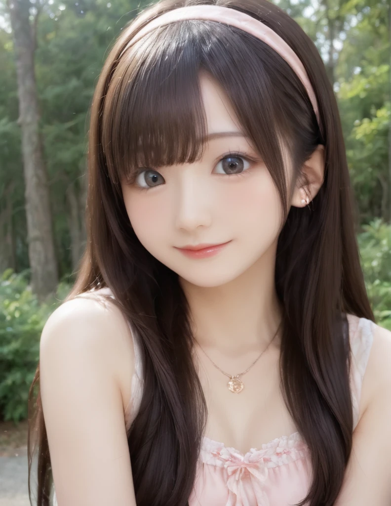 high resolution, best quality, extremely detailed CG, perfect anatomy, perfect hands, high resolution, best quality, extremely detailed CG, perfect anatomy, perfect hands, 1girl, solo, long hair, brown hair, looking at viewer, brown eyes, smile, blush, bangs, closed mouth, face, 20 years old, Japanese, dress, forest, 3d, photorealistic, realistic, portrait, photo \(medium\), ((detailed shapely nose, detailed big eyes, detailed brown hair)), pink lips, headband, earrings, necklace, 