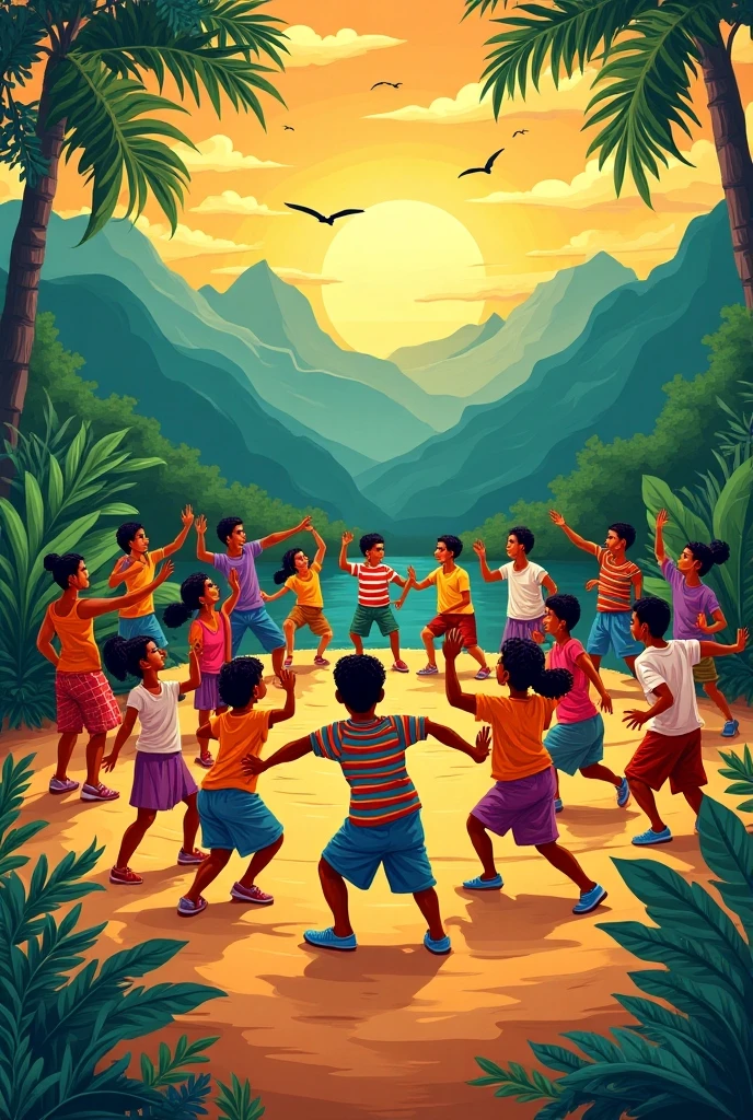 criar uma atmosfera infantil brasileira colorida, Rainbow Fun, Ground floor, trees and mountains, A shirtless black boy with capoeira instruments on the floor, atabaque, tambor de berimbau, Reco-Reco muito colorido