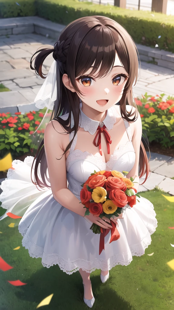 Tokisaki Kurumi, Kurumi, Date A Live, anime characters, black double ponytails, pure white wedding dress, wedding dress, double ponytails, black hair, sitting posture, red eyes and yellow eyes, sitting on the carpet, wedding dresses on the floor, smiling , Temptation, ultimate picture quality, wedding hall, red rose hair bundle, red rose hair decorated on double ponytails, holding a bouquet of red rose wedding bouquet,
