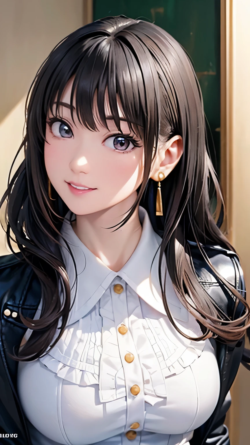  (highest quality, masterpiece painting:1.3), immature woman, , (half body shot), masterpiece, ultra high resolution, (Photoreal:1.0), ((light Black hair)),straight hair, beautiful shining hair, white and shining skin, ((Ultra realistic details)), octane rendering, highly detailed face, pump, Single strap shirt, black leather jacket, black leather skirt, open neckline, perfect body, soft skin, silver earrings, sharp focus, intricate details, professional artwork, (bright colors:1.1), bright colors, diffused lighting, digital blending, ultra-definition body, ultra detail hair, super detailed face, trending on pixiv, top button open, Cute gaze, compensate, perfect lips, perfect compensate, Ultra-precision coating, (light_smile:0.8), (smugness:1.2),blush your nose,