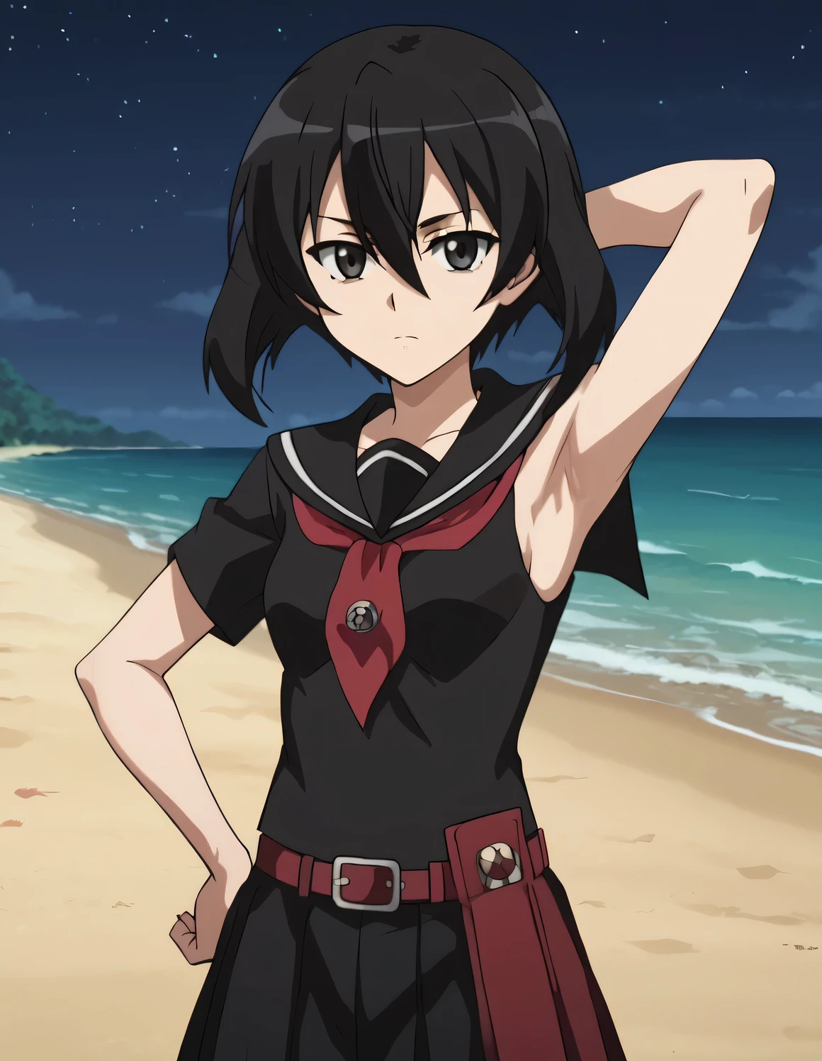 kurome, school uniform, serafuku, black serafuku, short hair, skirt, hair between eyes, pantyhose, shiny skin, high quality, closed mouth, looking at viewer, showing armpit, looking at viewer, solo, {contrapposto}, spread armpit, arm behind head, hand on hip, expressionless, looking at viewer, cowboy shot, closed mouth, night sky, beach, best quality