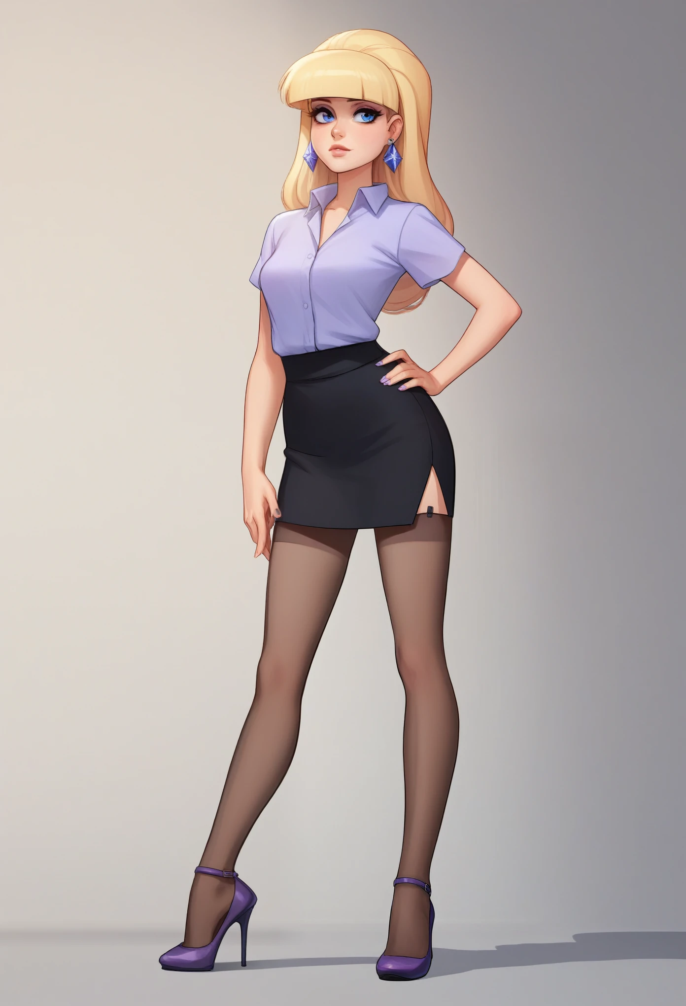 account_9, account_8_ex, account_7_ex, account_6_ex, account_5_ex, account_4_ex, pacifica, 1 girl, solo, long blonde hair with bangs, hand on hip, dark blue eyes, purple shadows, round lavender earrings, looks at the viewer, pencil skirt, shirt, stockings, heels I'm finishing my school class.