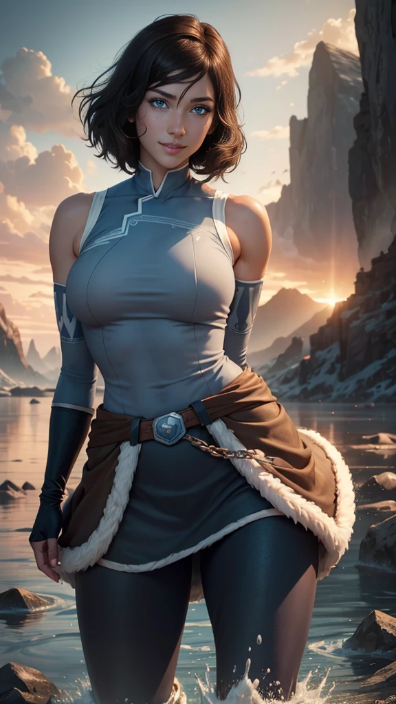 Korra da avatar,(best quality, 4K,8k,high resolution,work of art:1.2)(weather: sunset), tundra background, artic village, wide hips, short curly hair, brown hair, freckles, sleeveless top, gray long sleeve shirt, fur belt, winter fur pants, fur boots, elbow long gloves, light makeup, dark eyeshadow, flirting pose, ultra detailed,portrait,realistic,beautiful detailed blue eyes, beautiful detailed lips,extremely detailed eye and face, long eyelashes,average, large breasts,flying hair,beaming smile, sexy smile, powerful girl, bright coloured, dramatic lighting, water bending,