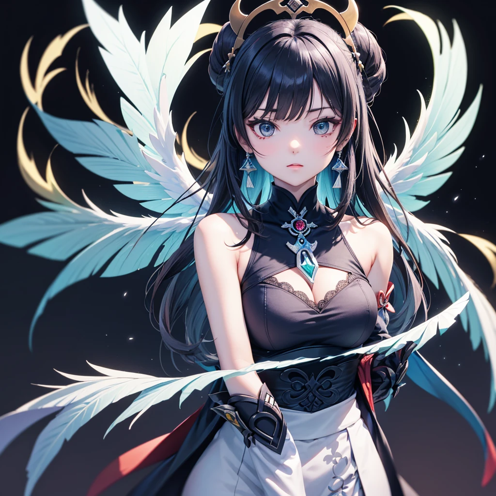 (最high quality, High resolution, Textured skin, high quality, Attention to detail,Extremely detailed CG integration),,Vibrant,Obsessed,Dynamic Angle,whole body,Gorgeous Princess Dresses,Dress nicely,An elegant and attractive posture,Devil's Wings,Sexual suggestion,In the abyss,Genshin Style,Her areola is sticking out of her bra