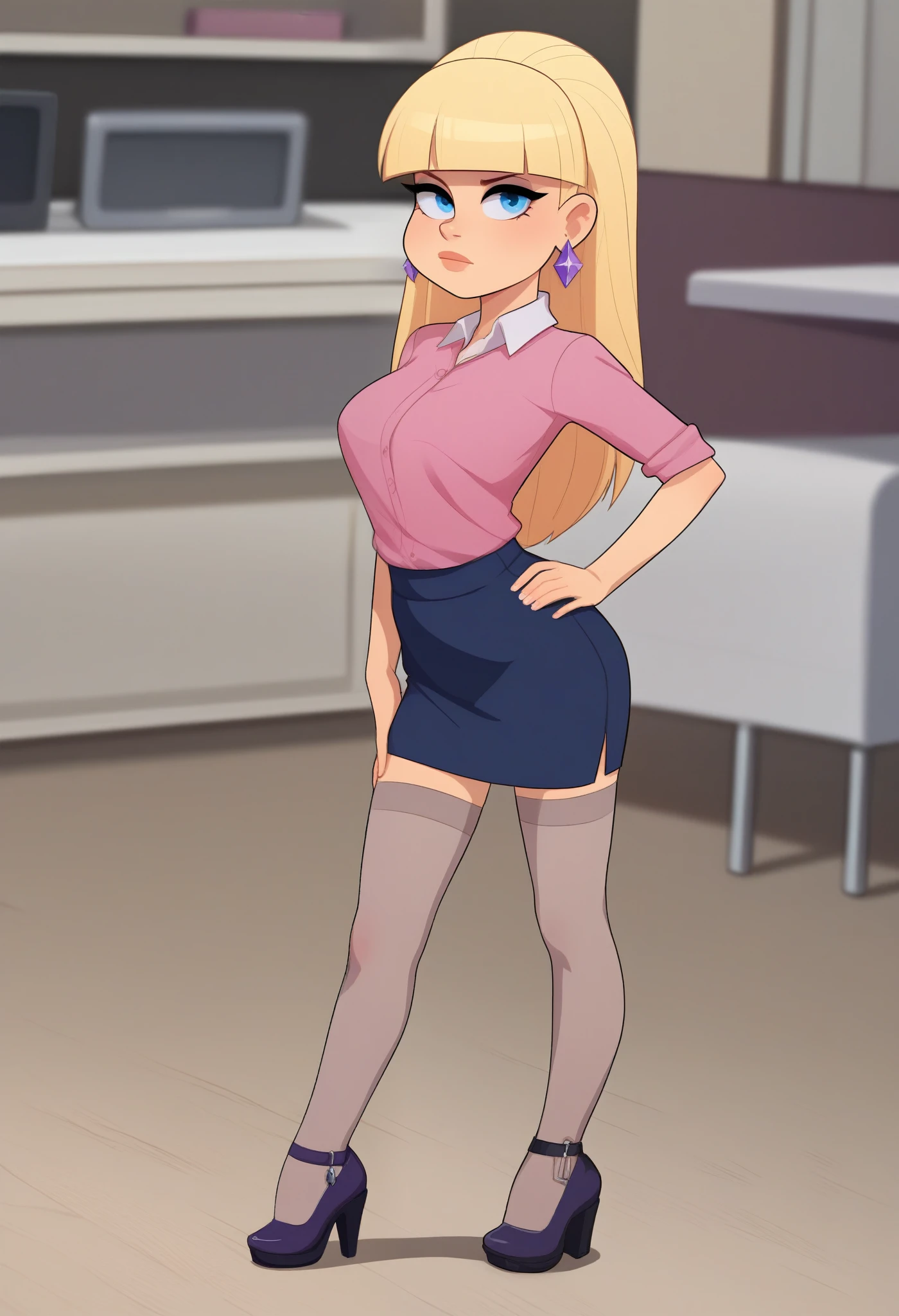 account_9, account_8_ex, account_7_ex, account_6_ex, account_5_ex, account_4_ex, pacifica, 1 girl, solo, long blonde hair with bangs, hand on hip, dark blue eyes, purple shadows, round lavender earrings, looks at the viewer, pencil skirt, shirt, stockings, heels I'm finishing my school class.