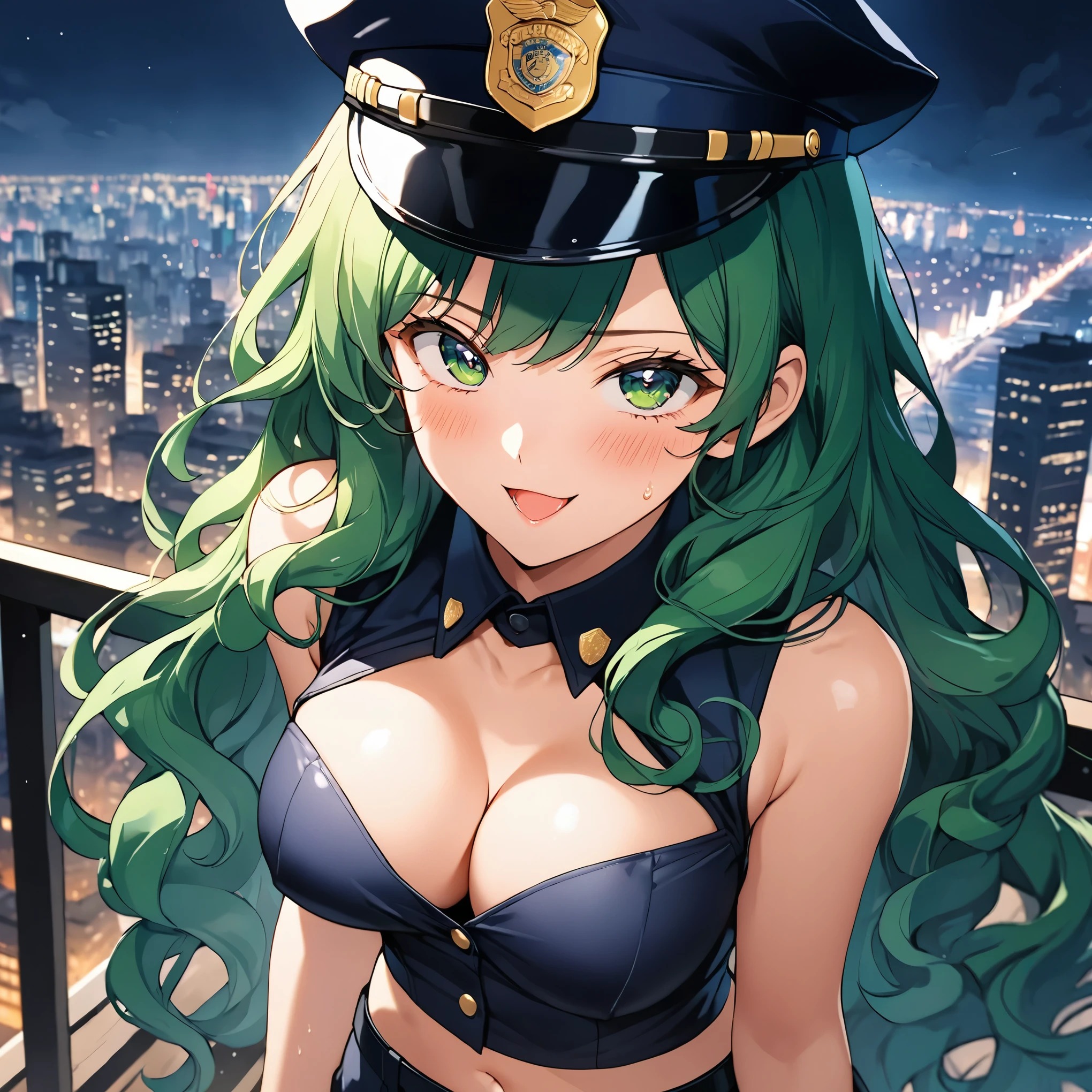 masterpiece of the highest quality, High resolution,16k,Official Art,super detailed skin,detailed,,anime colored,, (michiru kaiou:1.3),Age 25, (Tall:1.2),: 175cm,adult lady,Fashion model body type,(Beautiful G-cup breasts),(Green Long Hair:1.5),wavy Hair、curly hair,sexyな長い脚, (sexy black police uniform:1.5)、Exposed cleavage,Navel exposed,black short skirt ,black police cap,long eyelash,Abdominal muscles, Sweating all over the body、vapor、Muscular、sexy、1girl,nsfw,(Ahegao:1.4),smile,blush,(vulgarity:1.4)、Anime-style painting style,Black Hair、Long Hair、Close up on upper body,Cinematic lighting,Superfine,magnificent view、city、night, sexy Seductively Posing,from above