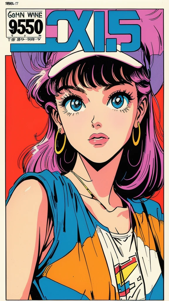  a close up of a poster of a girl wearing a hat, 1990 comic book style , 90s aesthetics, 90s aesthetics, 9 0 s aesthetic,  vintage 9 0 s print , 90s vintage print , y 2 k aesthetic, y2k aesthetic, 90s comic book character design, 90s style, , well-marked lines, very evident outline in the drawing, 90's cartoon style, Vintage cartoon style, Jae Lee style, J.H. Williams III style, Sean Murphy style