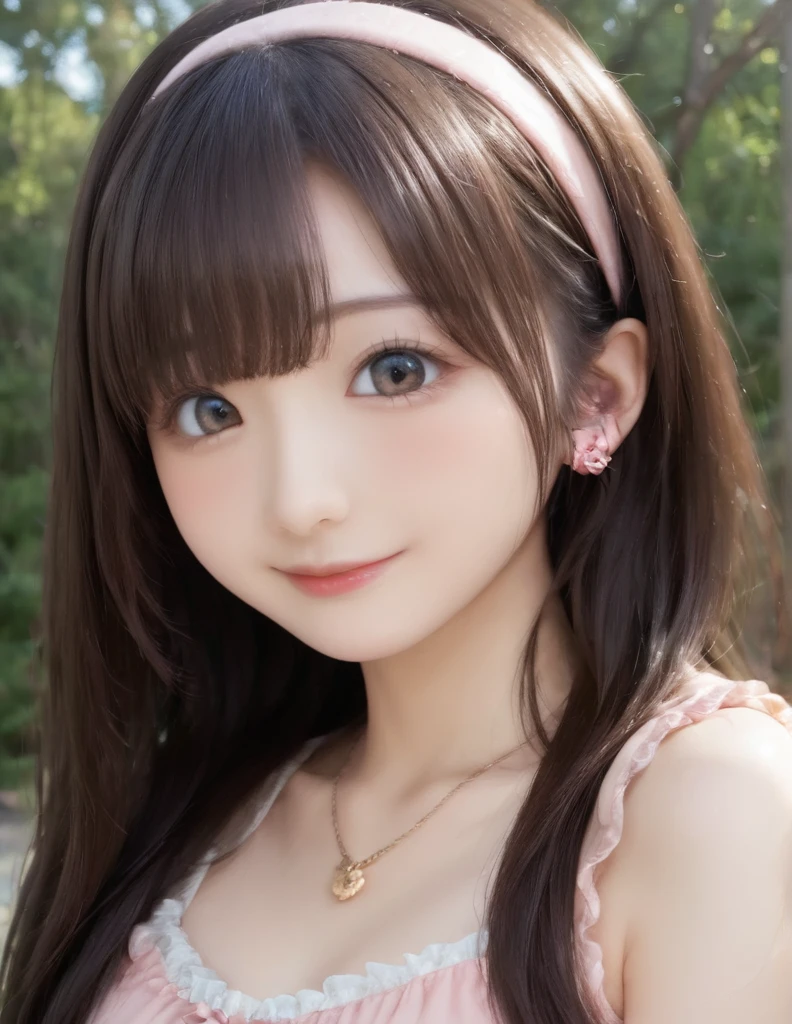 high resolution, best quality, extremely detailed CG, perfect anatomy, perfect hands, high resolution, best quality, extremely detailed CG, perfect anatomy, perfect hands, 1girl, solo, long hair, brown hair, looking at viewer, brown eyes, smile, blush, bangs, closed mouth, face, 20 years old, Japanese, dress, forest, 3d, photorealistic, realistic, portrait, photo \(medium\), ((detailed shapely nose, detailed big eyes, detailed brown hair)), pink lips, headband, earrings, necklace, 