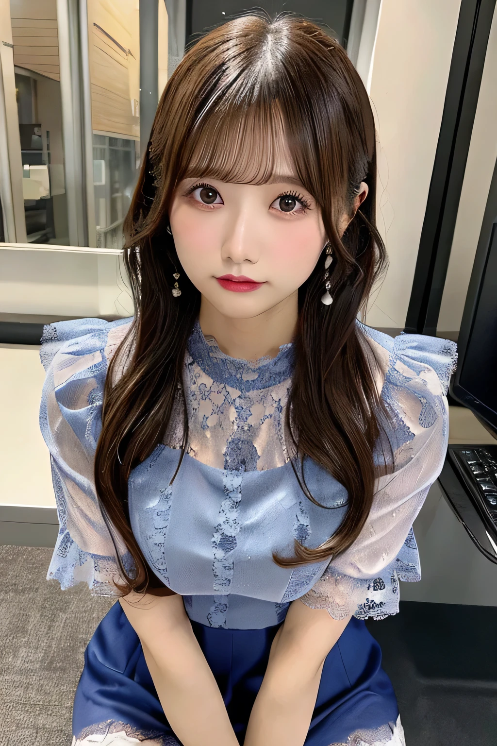 Masterpiece,best quality,high quality,detailed,ultra detailed.4K/8k,Full-HD,high resolution１gitl, medium long hair、Brown Hair、Japanese idol in her 20s 、Plump Cheeks、Pink lips、office, bookshelf,office lady,milf,( blue lace sheer shirts:1.3),(short sleeves:1.1),white panties, sheer leggings, shirt, skirt,squatting,