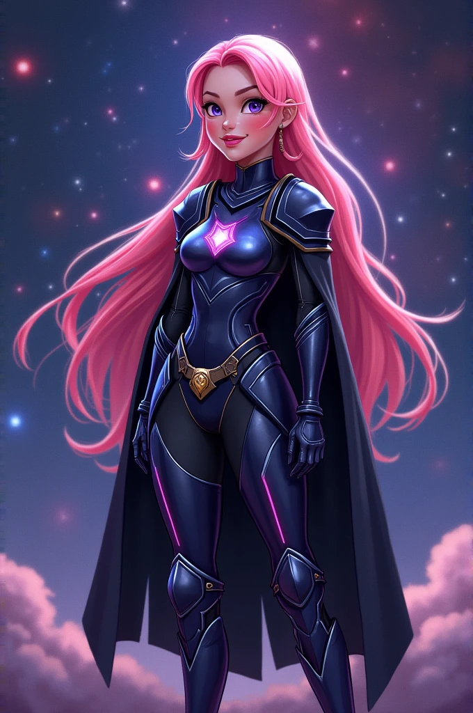 Princess Celestia, Princess Celestia from my little pony, Princess Celestia in the form of a girl, long hair, lush hair, superhero costume, cape, tight suit, logo on the sun suit, purple boots, full-length, in the castle, blue magic, best quality, very detailed, ultra 8k resolution