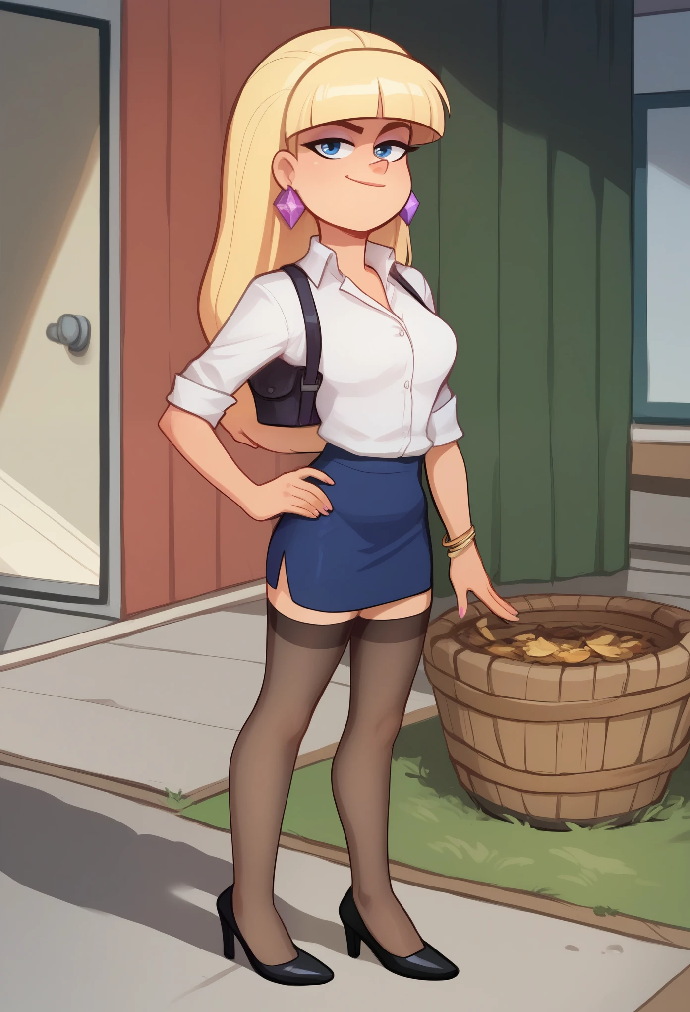 account_9, account_8_ex, account_7_ex, account_6_ex, account_5_ex, account_4_ex, pacifica, 1 girl, solo, long blonde hair with bangs, hand on hip, dark blue eyes, purple shadows, round lavender earrings, looks at the viewer, pencil skirt, shirt, stockings, heels I'm finishing my school class.