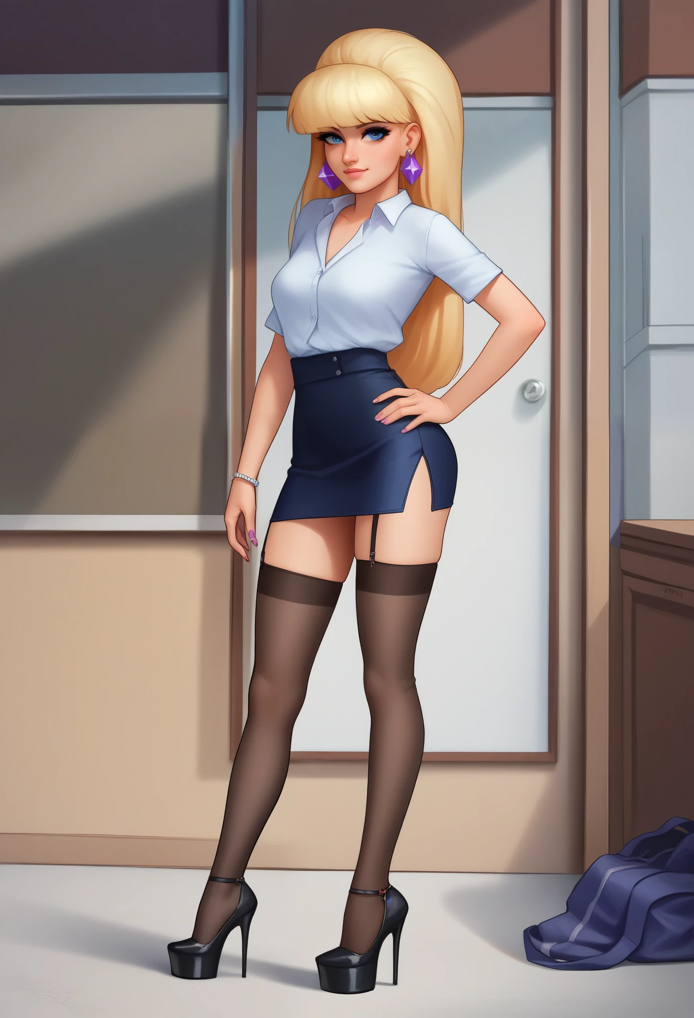 account_9, account_8_ex, account_7_ex, account_6_ex, account_5_ex, account_4_ex, pacifica, 1 girl, solo, long blonde hair with bangs, hand on hip, dark blue eyes, purple shadows, round lavender earrings, looks at the viewer, pencil skirt, shirt, stockings, heels I'm finishing my school class.