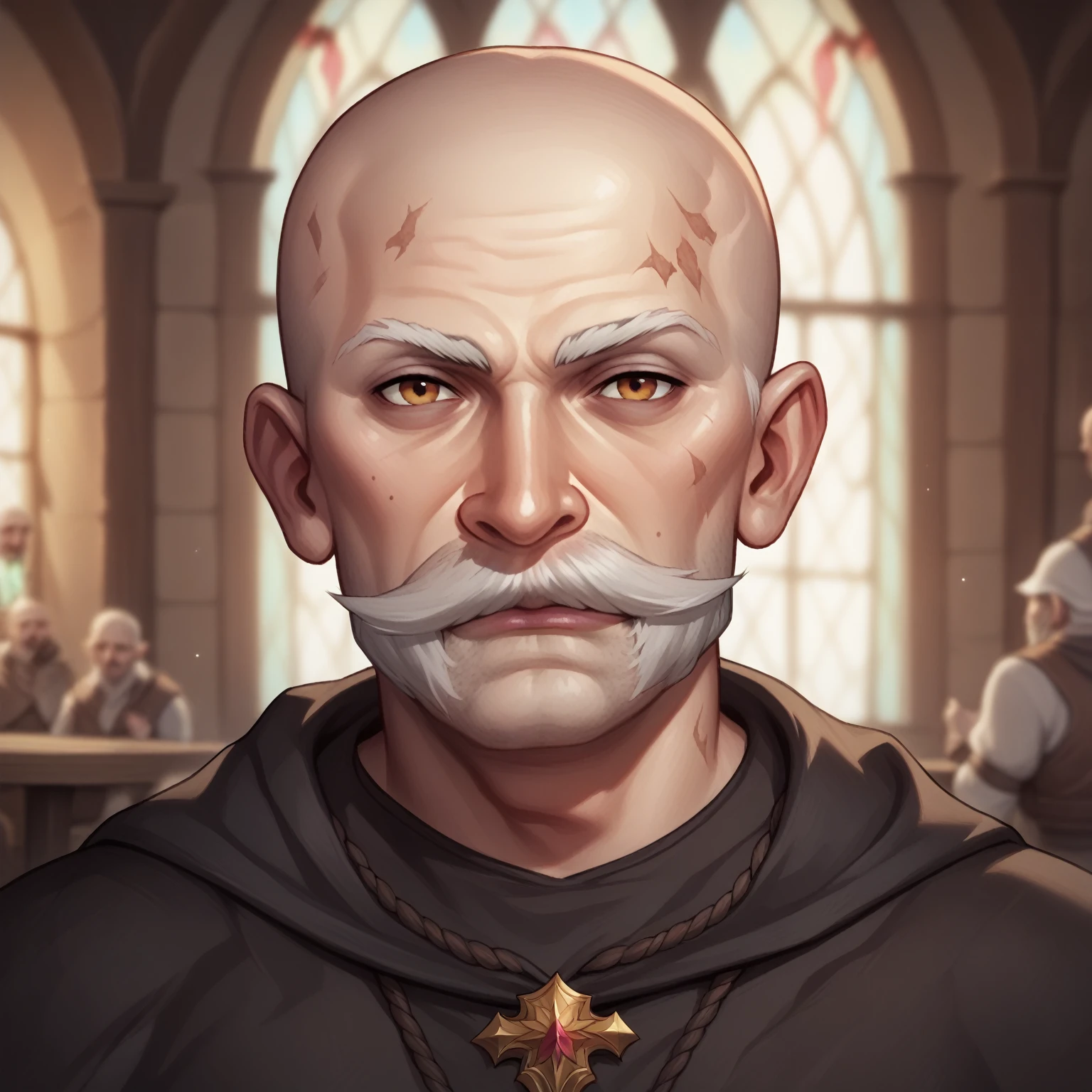 (((beautiful, high quality, comics style, detailed face))), score_9, score_8_up, score_7_up, BREAK, elderly man, mage, bald, beard, (large mustache), dirty robes, mage robes, black cloak, male focus, solo, fantasy tavern, blurred background, DeepNegative_xl_v1, detailxl, zPDXL3