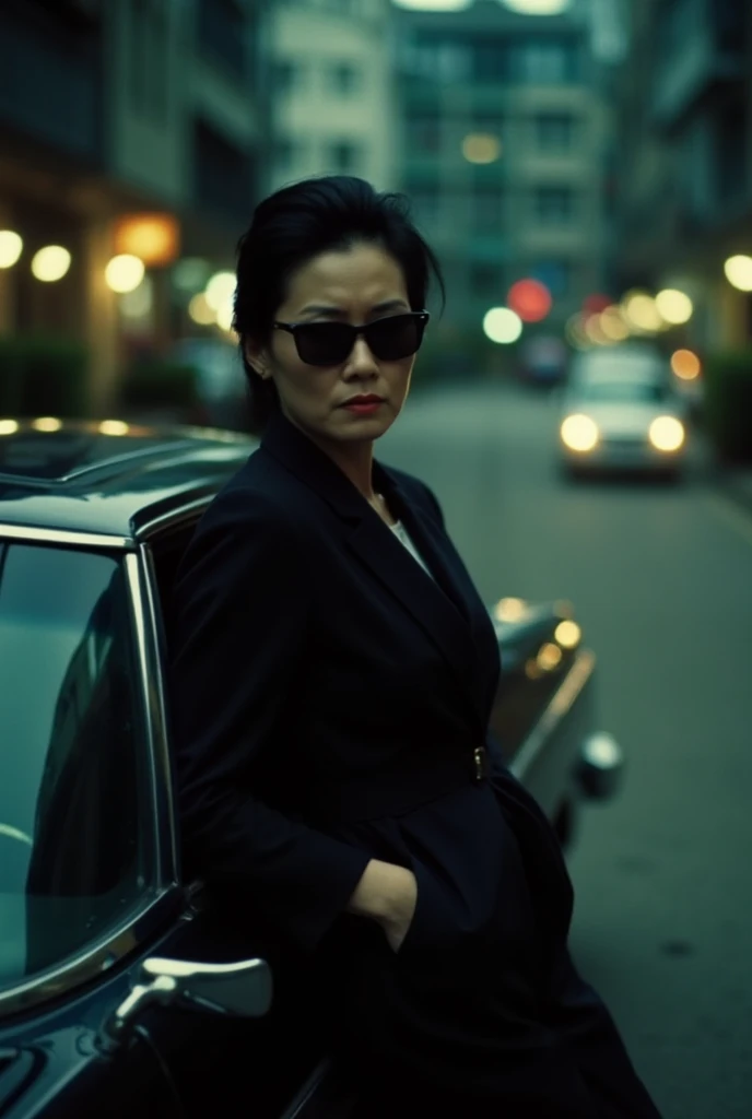 cinematography, realistic, retro, film grain, Wong Kar-Wai, dark lighting, solo, a middle age girl in black suit and black sunglasses, stern expression, hand in pocket, he leaning against a car, blurry, bokeh