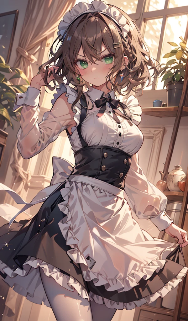 masterpiece, 8k, 1girl, sparrow, a dark brown haired girl, wearing a maid uniform, curly medium hair, messy hair, black skirt, slim body, medium breasts, she close her left eye, shirt ornament, oppai, coquettish expression, beautiful breasts, rounded breasts, green eyes, dress, long skirt, ahoge, seductive smile, braid hair, azusa_bluearchive, rainbow_one, white shirt, standing, maid headband, forest, sleepy eyes, white pantyhose, maid skirt, persian, innocent girl, she tease you, angry face, sparkle, angry face, naughty eyes, naughty gaze, flared skirt, white pantyhose, ribbon, long sleeves sleeves