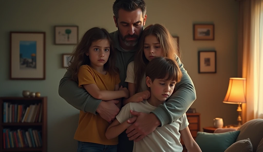 Illustrate a YouTube Short that focuses on the family's grief after hearing the news of cat  Whiskers’ death. Show cat  family oholding each other and crying, but also include a moment where they look at a photo of Whiskers and smile, remembering his bravery."