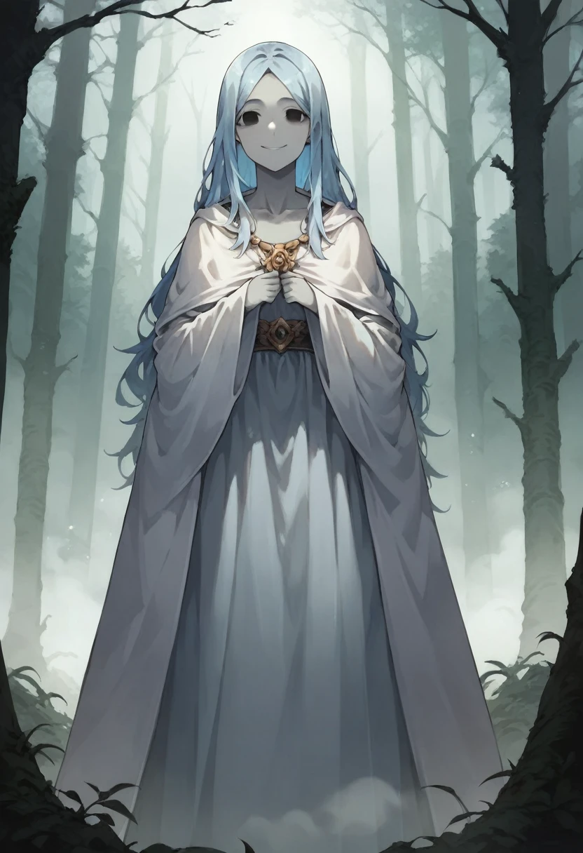 (1girl, solo) banshee, long skirt, robe, smile, cape covering whole body, long white cape, light blue hair, long hair, long sleeves, no hands, grey skin, color skin, forest, fog,  Masterpiece, Best Quality, horror theme