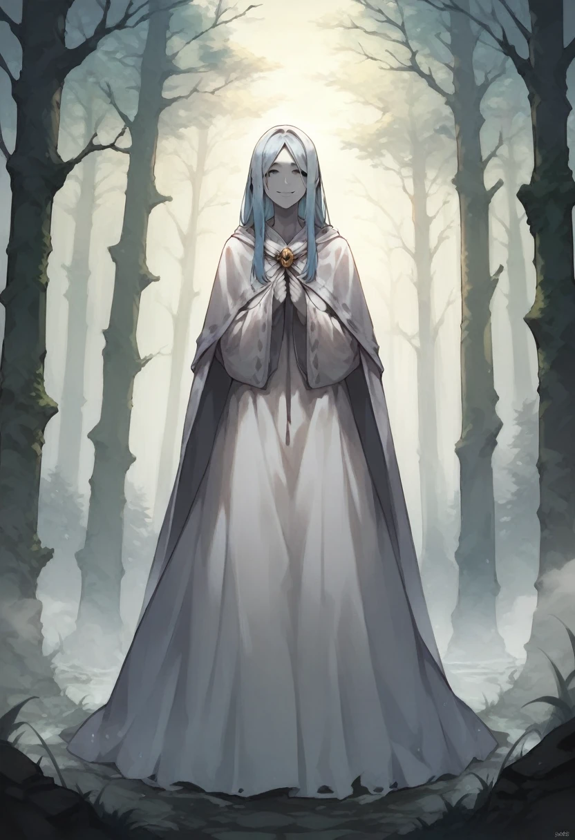 (1girl, solo) banshee, long skirt, robe, smile, cape covering whole body, long white cape, light blue hair, long hair, long sleeves, no hands, grey skin, color skin, forest, fog,  Masterpiece, Best Quality, horror theme