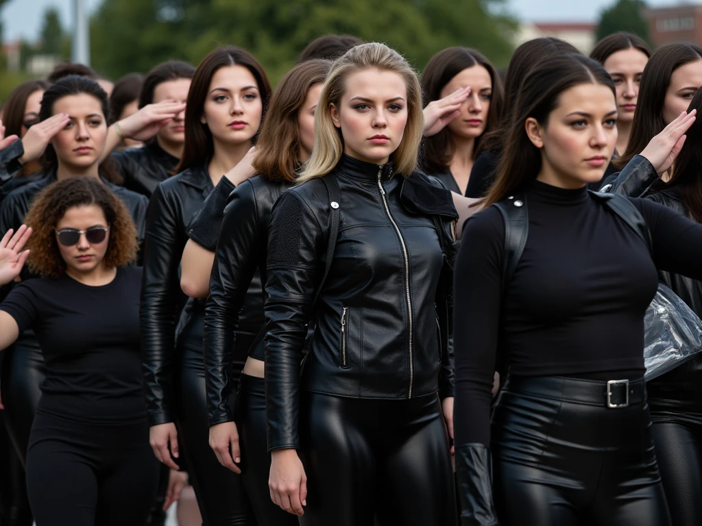 An army of disciplined women, dressed in military uniforms made of different materials such as leather, latex and PVC. Each one is precisely aligned, saluting in unison. Their outfits shine under the light, highlighting the textures and details of each material. Their faces are serious and their gazes cold and implacable, transmitting a feeling of power and absolute control.