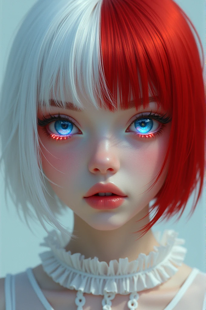 with bright red hair and the right eye blue and the left eye red making a heart with one of red eyes and white hair to use as a half