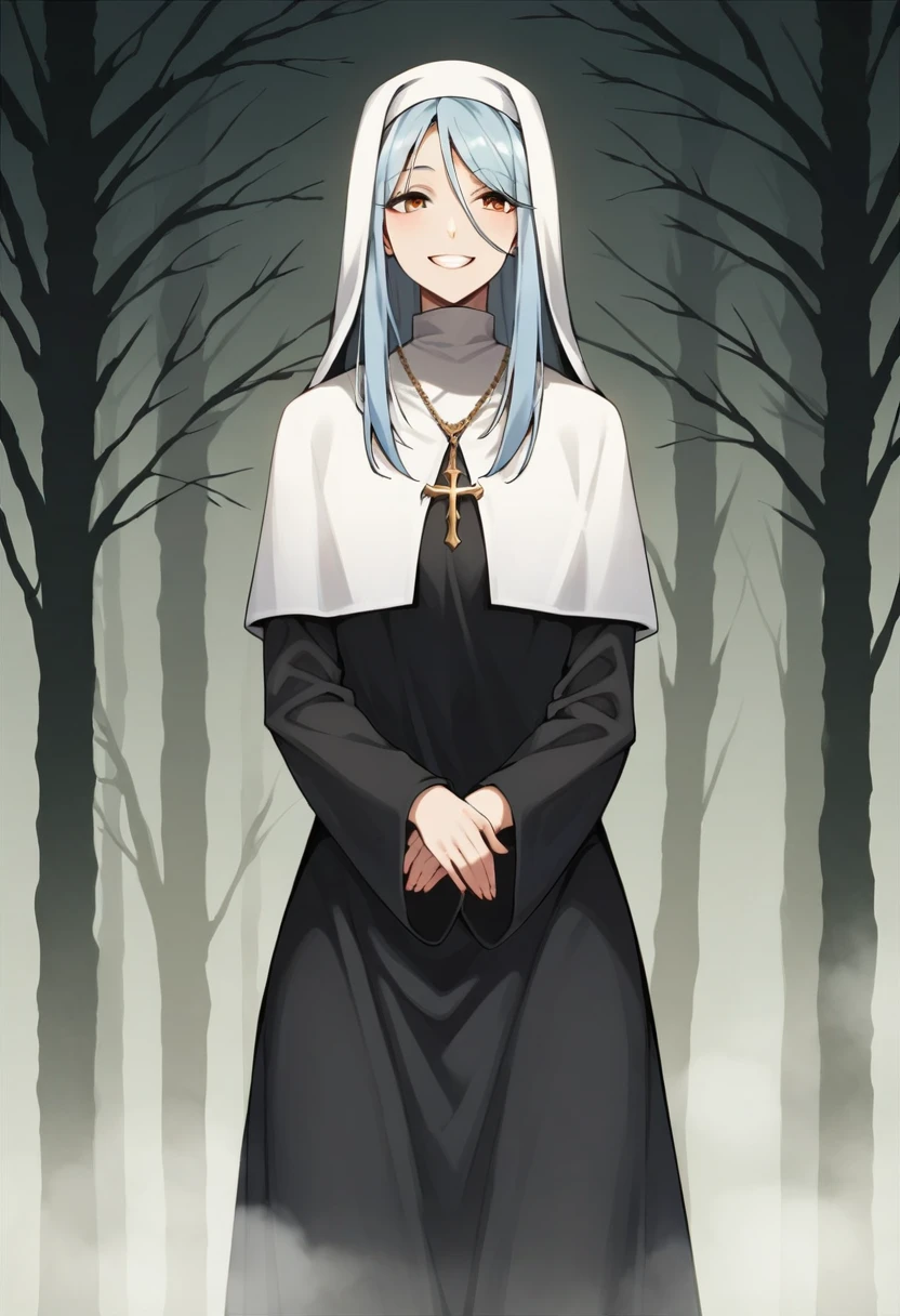 (1girl, solo) banshee, long skirt, nun, smile, cape covering whole body, long white cape, light blue hair, long hair, long sleeves, no hands, grey skin, color skin, forest, fog,  Masterpiece, Best Quality, horror theme