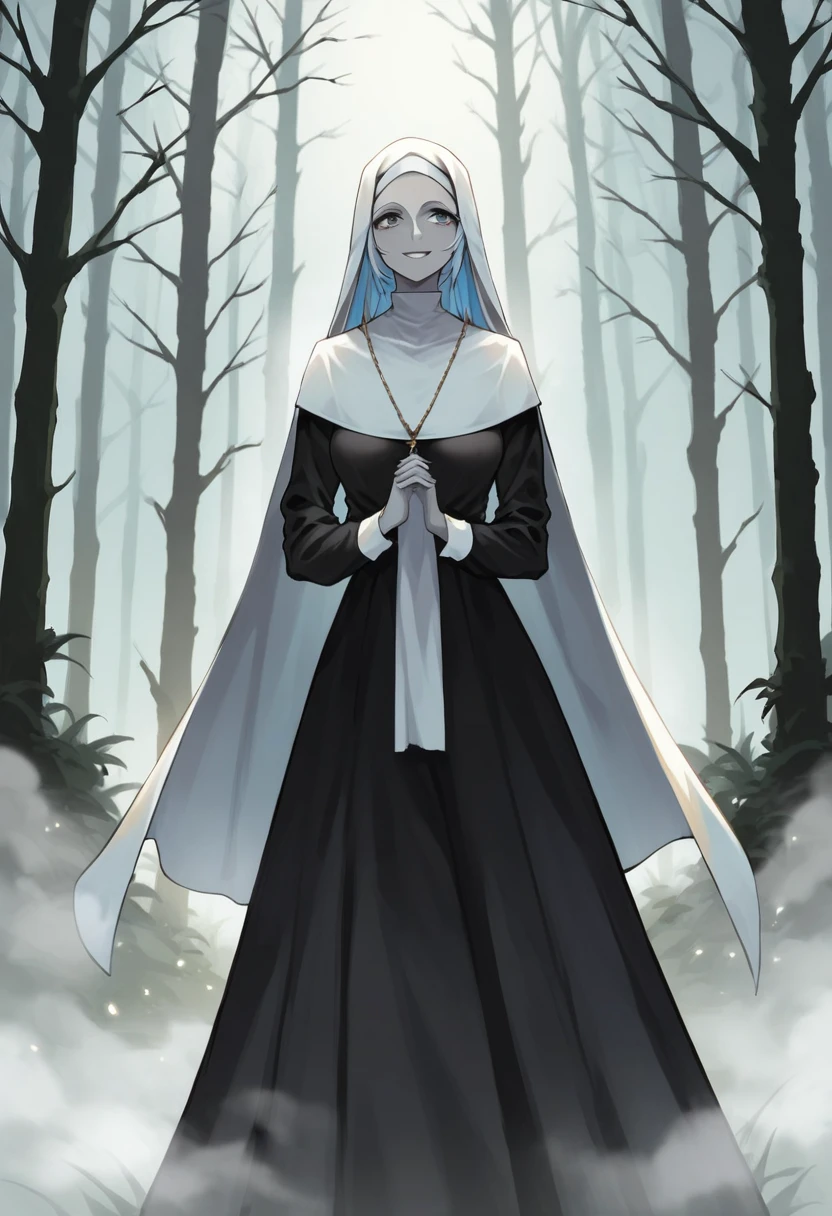 (1girl, solo) banshee, long skirt, nun, smile, cape covering whole body, long white cape, light blue hair, long hair, long sleeves, no hands, grey skin, color skin, forest, fog,  Masterpiece, Best Quality, horror theme