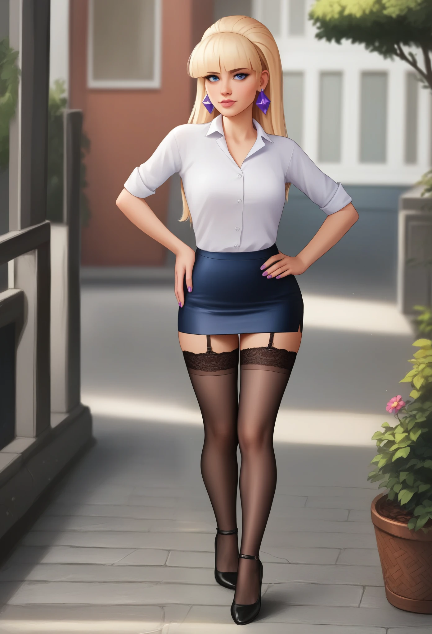 account_9, account_8_ex, account_7_ex, account_6_ex, account_5_ex, account_4_ex, pacifica, 1 girl, solo, long blonde hair with bangs, hand on hip, dark blue eyes, purple shadows, round lavender earrings, looks at the viewer, pencil skirt, shirt, stockings, heels I'm finishing my school class.