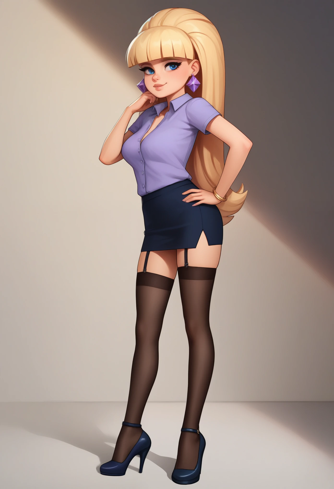 account_9, account_8_ex, account_7_ex, account_6_ex, account_5_ex, account_4_ex, pacifica, 1 girl, solo, long blonde hair with bangs, hand on hip, dark blue eyes, purple shadows, round lavender earrings, looks at the viewer, pencil skirt, shirt, stockings, heels I'm finishing my school class.