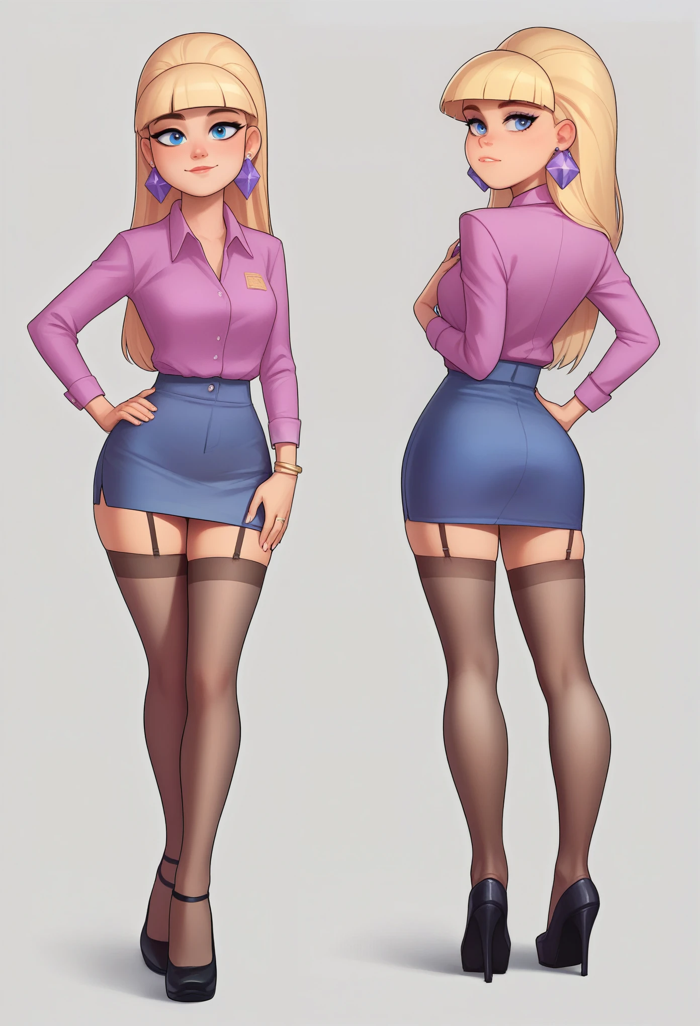 account_9, account_8_ex, account_7_ex, account_6_ex, account_5_ex, account_4_ex, pacifica, 1 girl, solo, long blonde hair with bangs, hand on hip, dark blue eyes, purple shadows, round lavender earrings, looks at the viewer, pencil skirt, shirt, stockings, heels I'm finishing my school class.