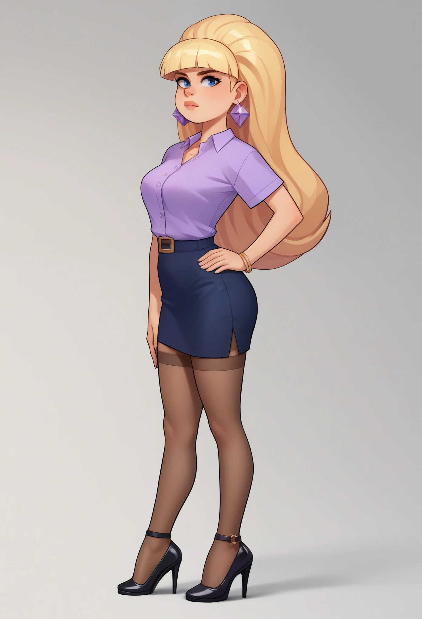 account_9, account_8_ex, account_7_ex, account_6_ex, account_5_ex, account_4_ex, pacifica, 1 girl, solo, long blonde hair with bangs, hand on hip, dark blue eyes, purple shadows, round lavender earrings, looks at the viewer, pencil skirt, shirt, stockings, heels I'm finishing my school class.